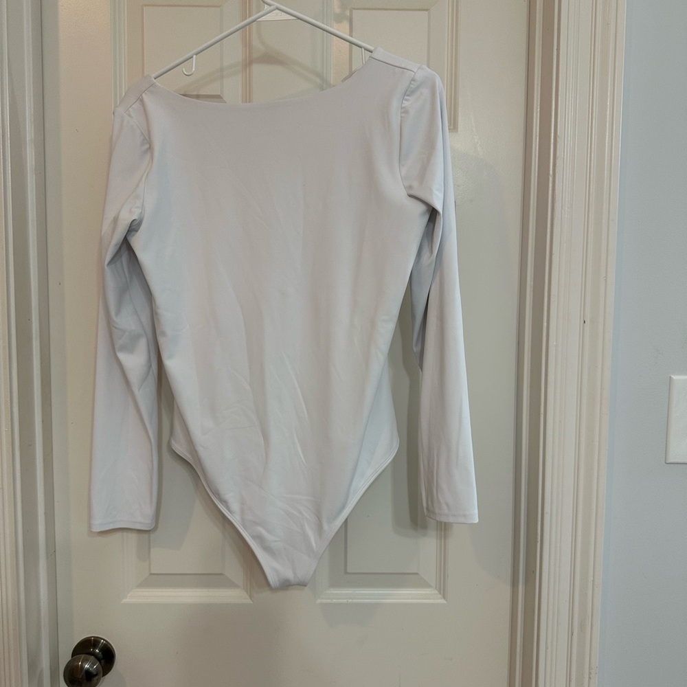 Express White Long Sleeve Boatneck Scoop Back Bodysuit